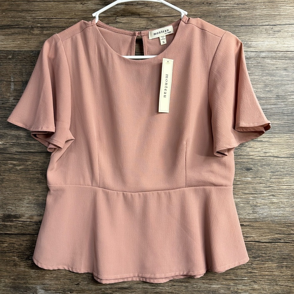 Monteau Pink Mauve Flutter Sleeve Peplum Blouse Small - Picture 1 of 5